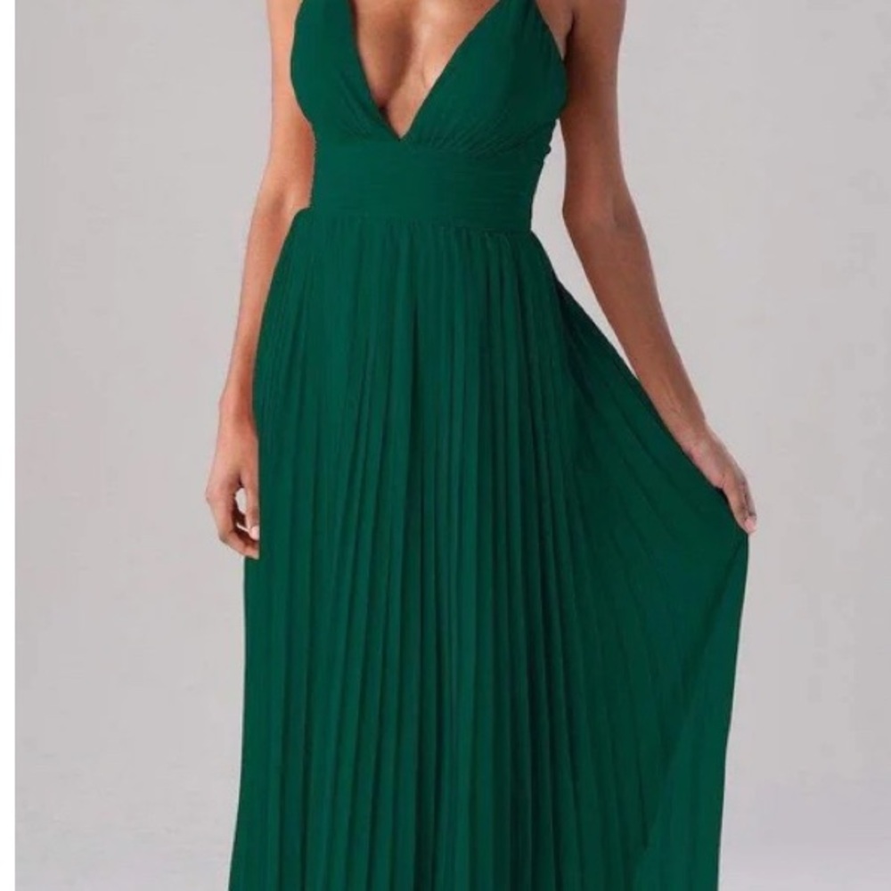 David's Bridal Green Pleated Maxi Dress